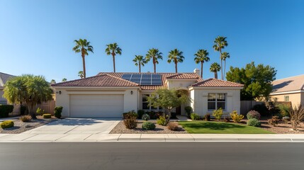 Fototapeta premium A charming brick house with a pitched roof adorned with solar panels set against a clear blue sky with a bare tree in the foreground