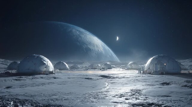Moon base with transparent dome habitats and curved modules. Exploration and science thrive on moon. Future astronaut colony habitat supports dome base life. Earth and moon visible in night sky