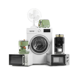 Different household appliances on white background
