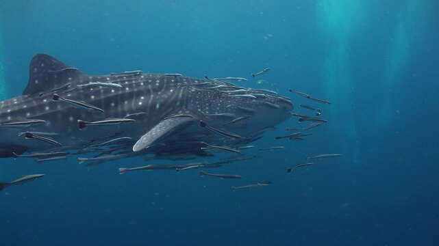 Whale shark (Rhincodon typus) filmed from the right side, almost full body in view. It swims very slowly, moving closer and farther from the camera, surrounded by many remoras and with two large sucke