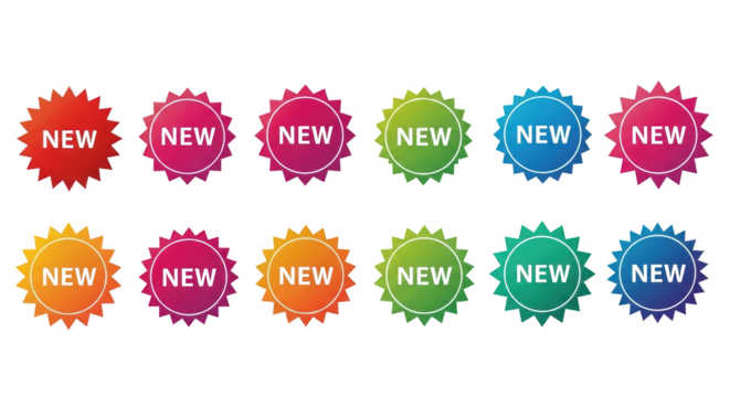 Collection of colorful new product stickers gradient style isolated on transparent background