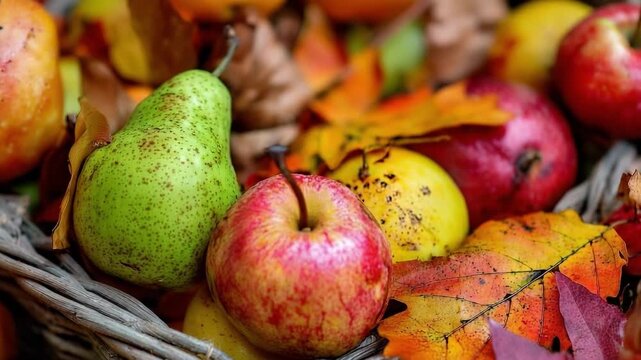 A basket of autumn fruit with a green pear and red-yellow apples among colorful fallen leaves.