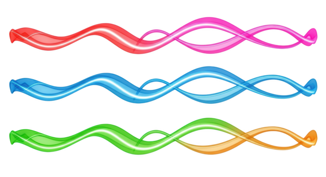 Collection of colorful wavy light streaks in red blue green and pink isolated on transparent background