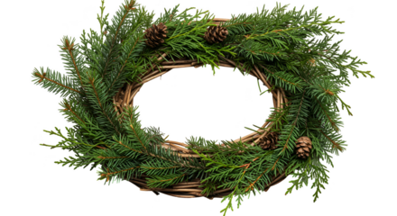 Isolated evergreen wreath with pine cones and rustic woven base