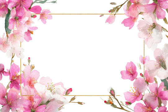 
Watercolor pink floral frame border with white background, in the style of pastel colors.

