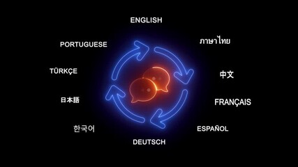 Global communication concept neon light animation with multiple languages and chat bubbles representing translation and connection - Powered by Adobe