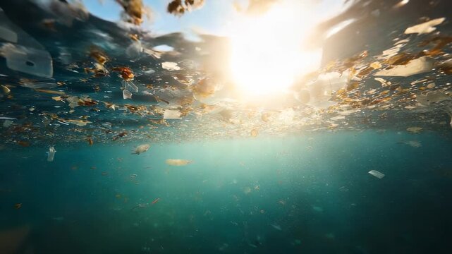 Floating microplastic pollutes ocean layer. Plastic, debris, and waste fill sea. Underwater view shows destruction. Pollution spreads, pollution stays, pollution poisons blue environment.
