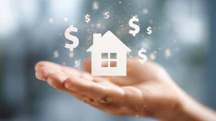Hand holding a small 3D house icon with dollar signs floating around, symbolizing real estate investment and property value.