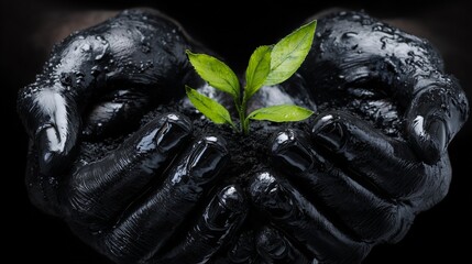 Hands covered in shiny black oil, holding a small green plant, concept of balance between energy and environment, symbolic composition.
