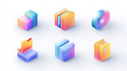 Set of colorful 3D business icons with smooth gradients, isolated on white background, modern minimal design style.