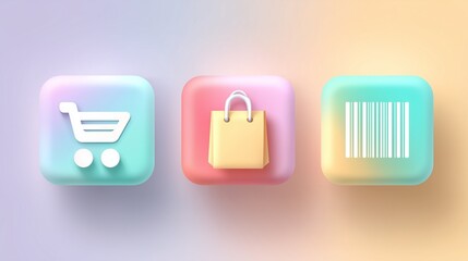 Shopping and e-commerce icons featuring cart, bag, and barcode, soft pastel gradients, minimalistic flat vector.
