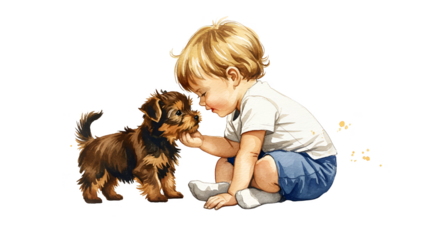 Illustration Young Boy Playing With Puppy Close Up Detailed