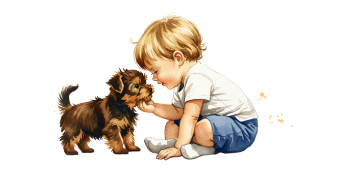 Illustration Young Boy Playing With Puppy Close Up Detailed