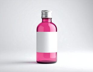 Pink glass bottle mockup with matte blank label, perfect for skincare branding, cosmetic packaging, and product presentation.