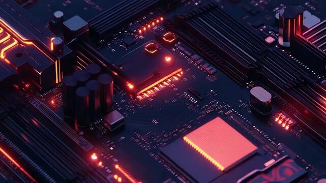 Motherboard circuit board with glowing red technology elements
