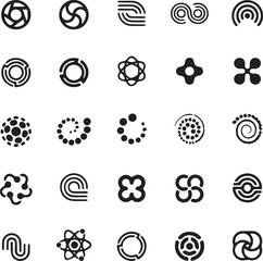 A vector illustration set of black and white icons featuring a gear, flower, clock, and football design