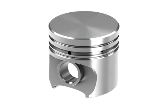 Close up of a single metallic piston with rings and wrist pin hole against a stark black background