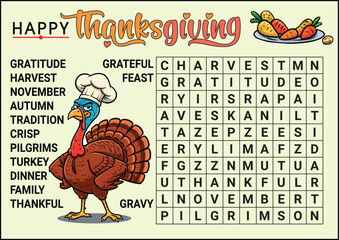 Thanksgiving Word Search Puzzle for Kids, Holiday Vector Illustration 01