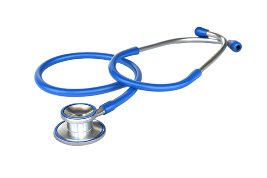 A blue stethoscope with a silver chestpiece and eartips rests on a stark black background symbolizing medical care and diagnosis