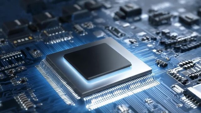 Close-up of a microprocessor on a blue circuit board.