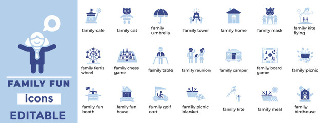 Clean family fun vector icons for lifestyle, leisure, and parenting designs with modern, playful, editable style.