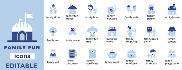 Clean family fun vector icons for lifestyle, leisure, and parenting designs with modern, playful, editable style.