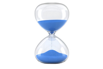 A clear glass hourglass with bright blue sand flowing from the top bulb to the bottom bulb against a black background