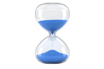 A clear glass hourglass with bright blue sand flowing from the top bulb to the bottom bulb against a black background