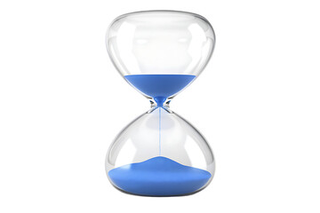 A classic glass hourglass with bright blue sand flowing from the top bulb to the bottom bulb against a black background