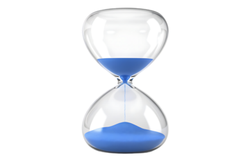 A classic glass hourglass with bright blue sand flowing from the top bulb to the bottom bulb against a black background