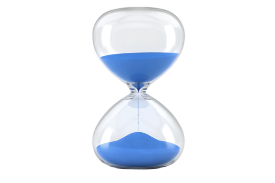 A clear glass hourglass with bright blue sand flowing from the top bulb to the bottom bulb against a black background