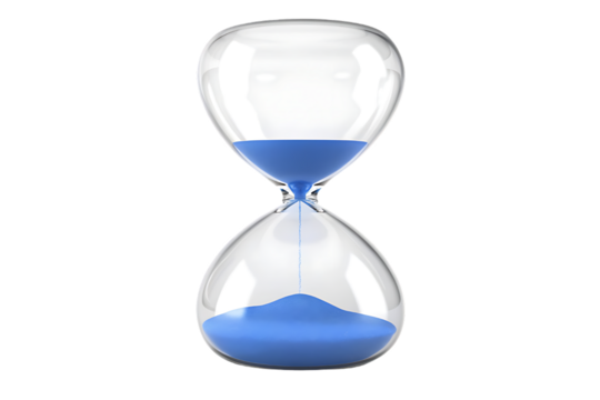 A classic glass hourglass with bright blue sand flowing from the top bulb to the bottom bulb against a black background