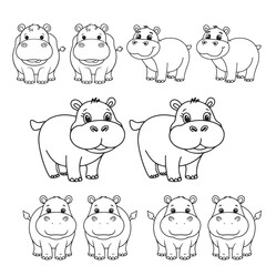 Cute Hippopotamus Illustration . Black and White Line Drawing