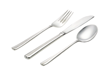 Elegant polished silverware set including a fork knife and spoon arranged diagonally on a black background
