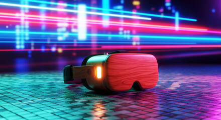 Immersive virtual reality headset glowing red with futuristic neon light streaks in a digital cyberpunk environment, Generative Ai