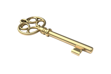 Antique ornate golden key with intricate scrollwork on a plain black background symbolizing access and secrets
