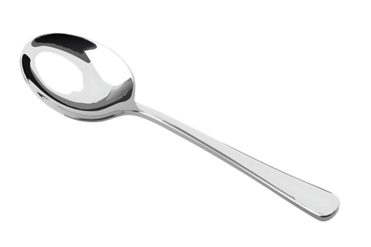 A single polished silver spoon with a reflective surface rests diagonally against a stark black background