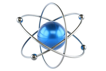 Abstract 3d rendering of a stylized atom with a bright blue nucleus and orbiting electrons on a black background