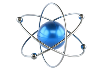 Abstract 3d rendering of a stylized atom with a bright blue nucleus and orbiting electrons on a black background