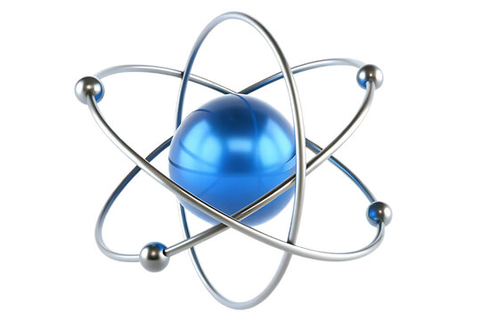 Abstract 3d rendering of a stylized atom with a bright blue nucleus and orbiting electrons on a black background