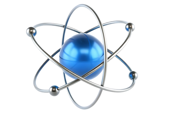 Abstract 3d rendering of a stylized atom with a bright blue nucleus and orbiting electrons on a black background