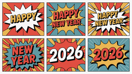 Colorful Happy New Year 2026 Comic Book Style Illustration for Holiday Season