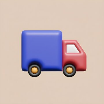 3D rendered icon of a blue and red delivery truck on a beige background, representing logistics and transportation services