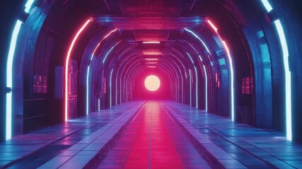 Futuristic neon tunnel glowing with synthwave cyberpunk aesthetic - Powered by Adobe
