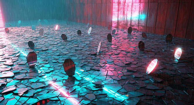 Surreal digital art depicting a dark rocky landscape illuminated by vibrant neon pink and turquoise lights, Generative Ai - Powered by Adobe