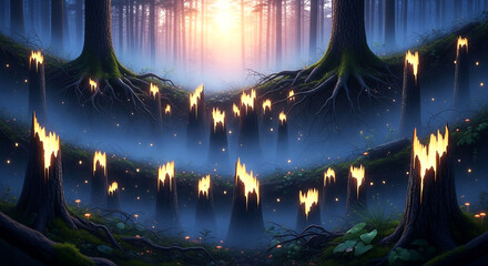 Enchanting forest scene with glowing fairy lights illuminating ancient trees and mystical fog at twilight, Generative Ai