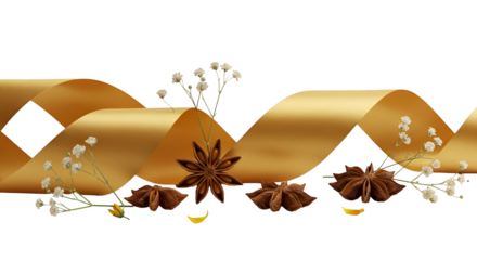 Isolated Golden Ribbon With Star Anise And White Flowers Transparent Background