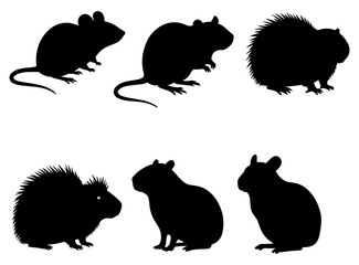 A collection of various rodent silhouettes including a mouse, rat, and porcupine in a vector set