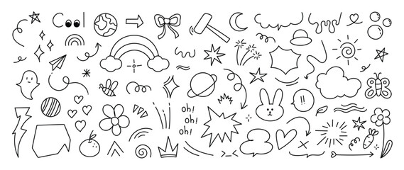 Cute doodle elements vector set with hand drawn clouds, rainbows, planets, stars, hearts, sparkles, flowers and playful sketch icons. Charming design for backgrounds, packaging and creative greeting c