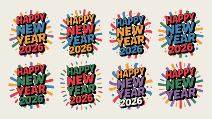 Eight Colorful Happy New Year 2026 Designs with Confetti on an OffWhite Background